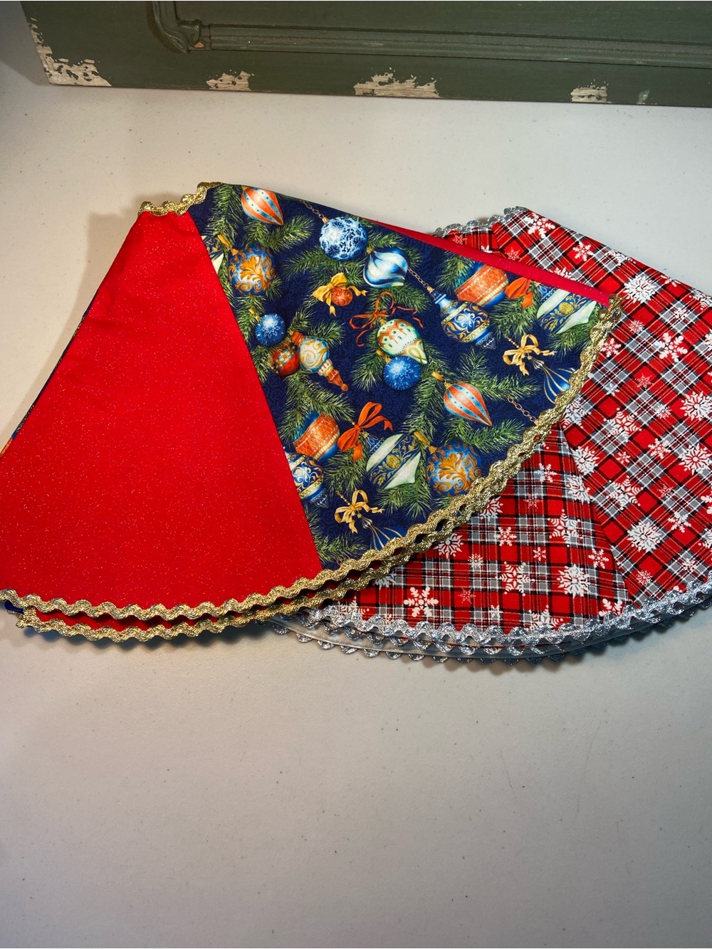 2 Festive Red Patchwork Mini Holiday Tree Skirts with Plaid and Ornament 26”